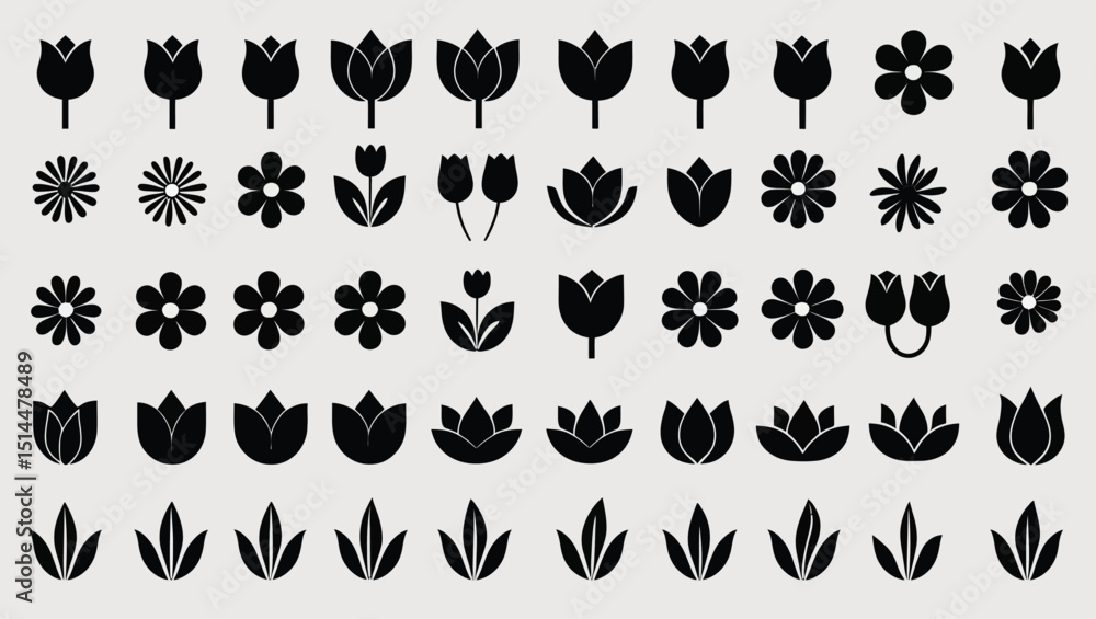 Poster black flower icon set pattern, floral vector design elements for print and web