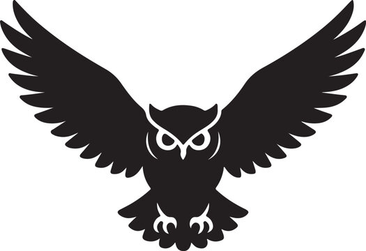 Flying owl silhouette with wide wings in attack stance