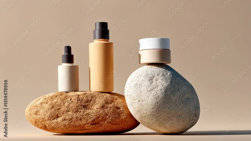 Poster three bottles of cosmetics are displayed on a rock. the bottles are of different sizes and colors, a