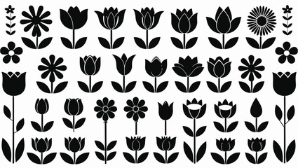 Black and white vector seamless pattern of various stylized flowers, tulips and leaves.