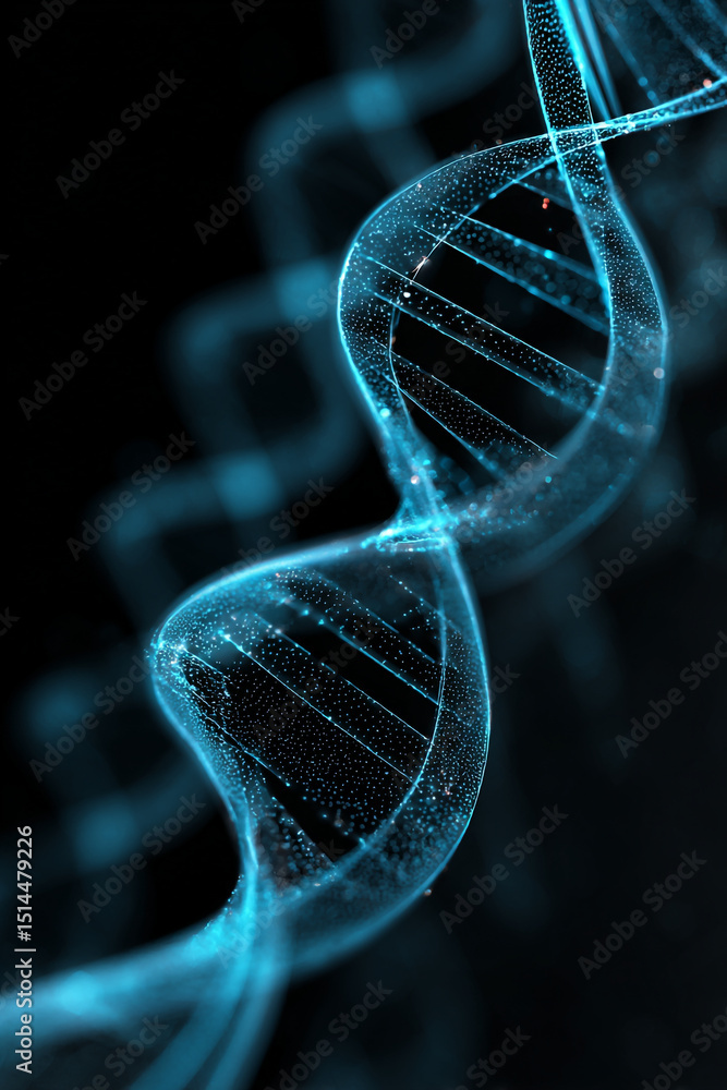 Poster a glowing blue dna double helix structure against a dark background in a close up digital rendering