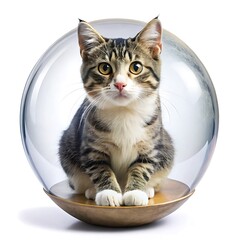 Tabby cat sitting inside a clear glass bowl isolated on white background, looking directly at the camera with a curious and adorable expression