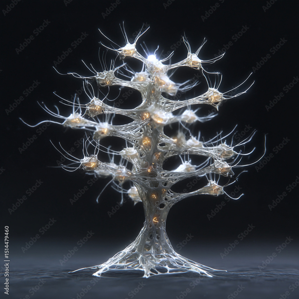 Poster a surreal tree with glowing orbs and delicate branches against a dark and mysterious background sett