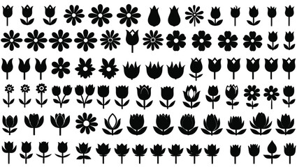 Collection of Various Black and White Flower Silhouettes, Perfect for Floral Designs