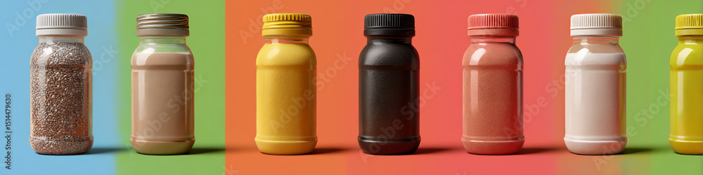 Poster assortment of colorful filled bottles lined up against a gradient background in studio lighting