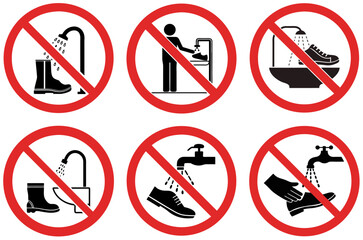 Set of prohibition icons for washing shoes in public places, minimalistic black and white design