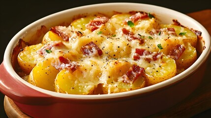Baked potato gratin with crispy bacon and melted cheese, seasoned with herbs, in a rustic red baking dish