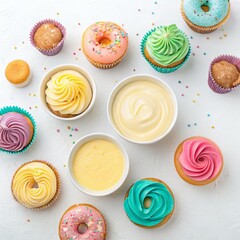 Colorful Cupcakes and Donuts Flat Lay, Sweet Treats, Pastry