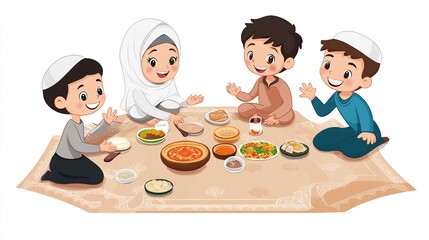 Happy Muslim children joyfully share a meal together on a patterned mat, surrounded by various dishes and drinks, showcasing a cheerful family gathering