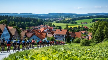 Cyclists ride together through idyllic village amidst rolling hills scenery