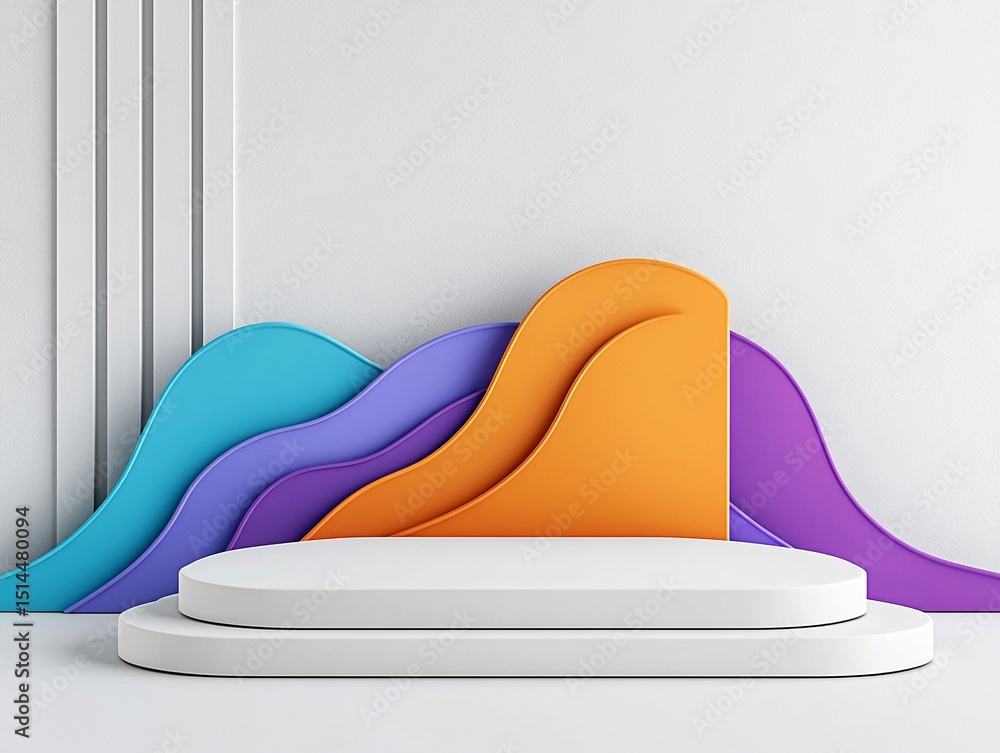 Poster abstract colorful wave background with minimalist white platform