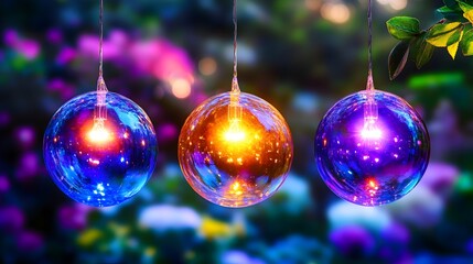 Fototapeta premium Three iridescent glass spheres, illuminated from within, hang against a blurred backdrop of vibrant flowers and foliage at dusk
