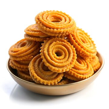 Pile of chakli isolated on white background, a traditional indian snack, stacked in a golden bowl, perfect for diwali celebrations and gourmet treats