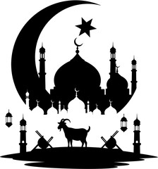 Silhouette of a mosque crescent moon star goat Quran stands and towers against a white background