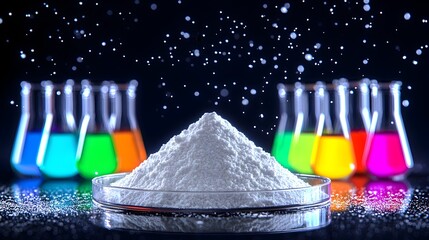 White powder in petri dish, vibrant liquids in Erlenmeyer flasks blurred in background, dark setting, particles falling