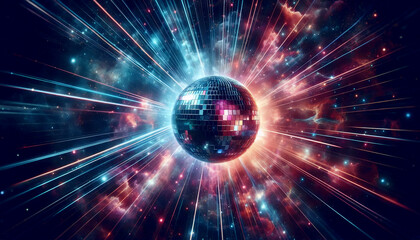 Night club scene with a single giant disco ball reflecting colorful laser beams in all directions, Ai generated image