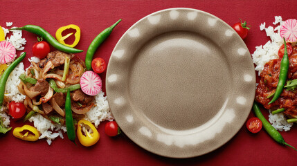 Assorted traditional Mexican food ingredients including fresh vegetables rice and meat on vibrant red background with empty plate for meal presentation