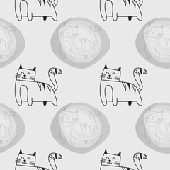 Seamless pattern with a striped cat. Light gray background. Outline drawing. Monochrome