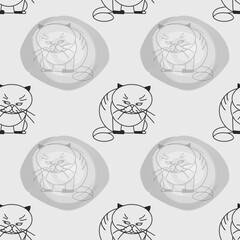 Seamless pattern with funny cat. Light gray background. Outline drawing. Monochrome