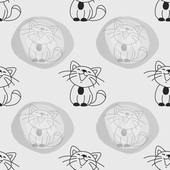 Seamless pattern with smiling cat. Light gray background. Monochrome
