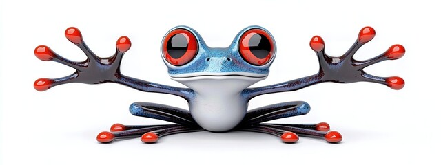 Playful blue frog with large red eyes and outstretched arms against a white background. Cartoonish style, 3D rendered image.