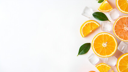Naklejka premium Flat lay of fresh citrus fruits, mint leaves, and ice cubes on a white background with copy space.