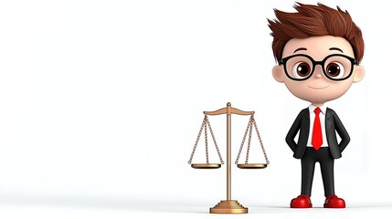 Cartoon boy lawyer standing next to scales of justice on white background. 3D rendered illustration. Cute, friendly character in suit and glasses.  Simple, clean style.