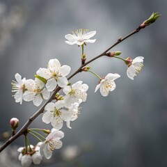 Obraz premium Elegant White Cherry Blossom Branch on Soft Grey Background,Spring ,Floral