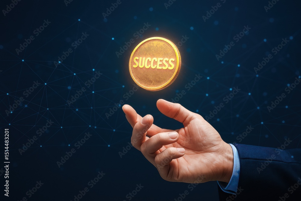 Poster a business professional balances a glowing coin symbolizing success amid abstract network lines emph