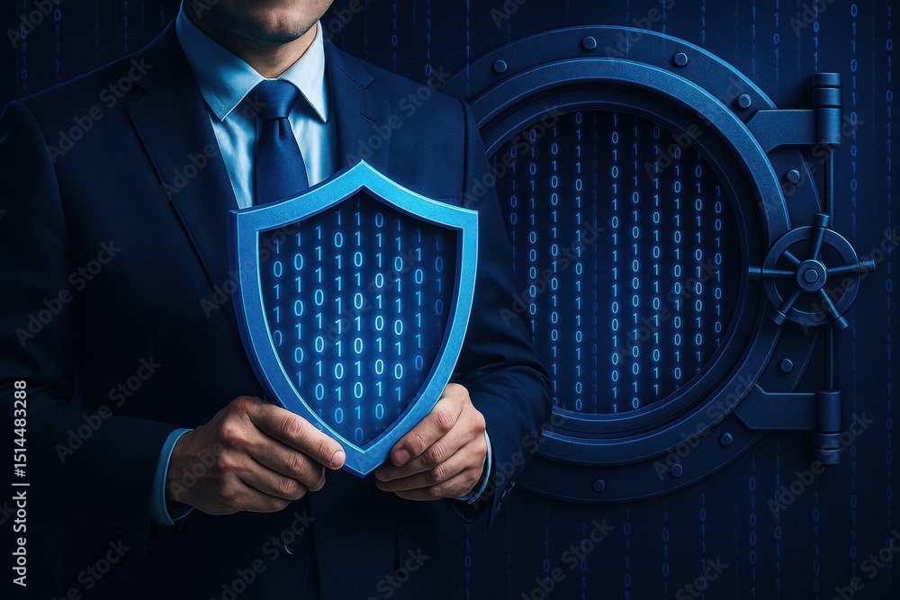 Poster a business professional demonstrates cyber defense strategy by holding a digital shield symbolizing 