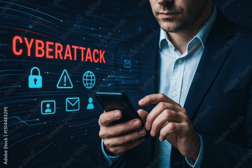 Poster a businessman uses a smartphone to navigate cybersecurity challenges emphasizing strategic decision 