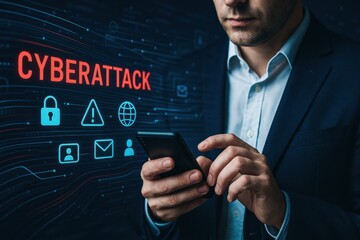 A businessman uses a smartphone to navigate cybersecurity challenges emphasizing strategic decision making and data protection in a digital environment