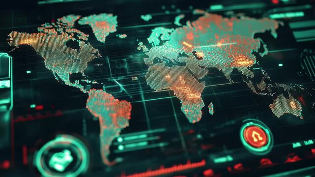 Digital dashboard displaying global data for electric automobile network management, Digital dashboard over world map with electric auto and speed indicators - Powered by Adobe