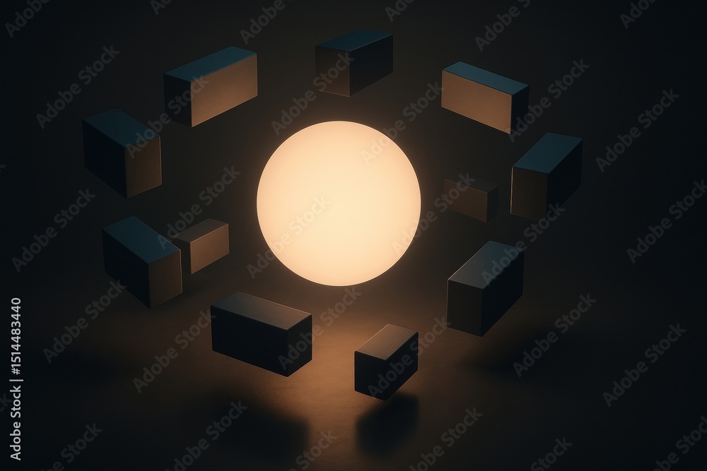 Aufkleber a glowing sphere surrounded by floating rectangular prisms represents strategic business modules in 