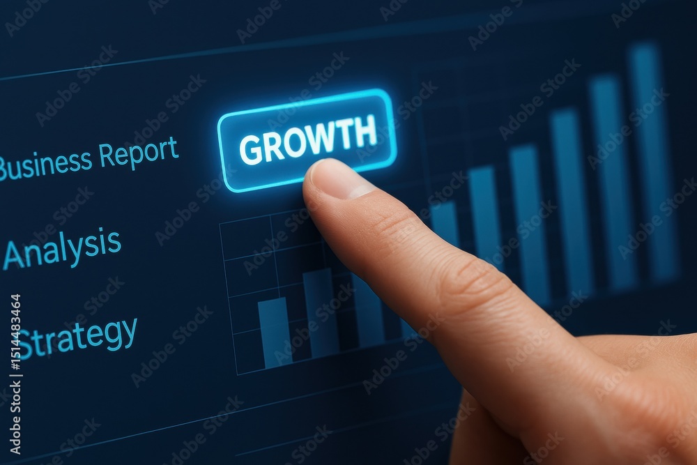 Poster a pressing a glowing digital button labeled growth highlights key strategy and business decision pro