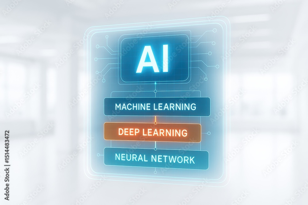 Poster this illustrates innovation and strategy in ai technology highlighting machine learning and deep lea