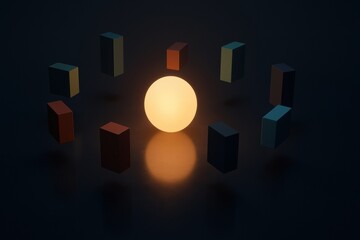 A glowing sphere symbolizes leadership and innovation surrounded by orbiting rectangular prisms that represent business modules guiding strategic decision-making