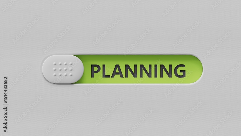 Poster planning.slide switch spelling.flat lay view from above on green background with slide switch button