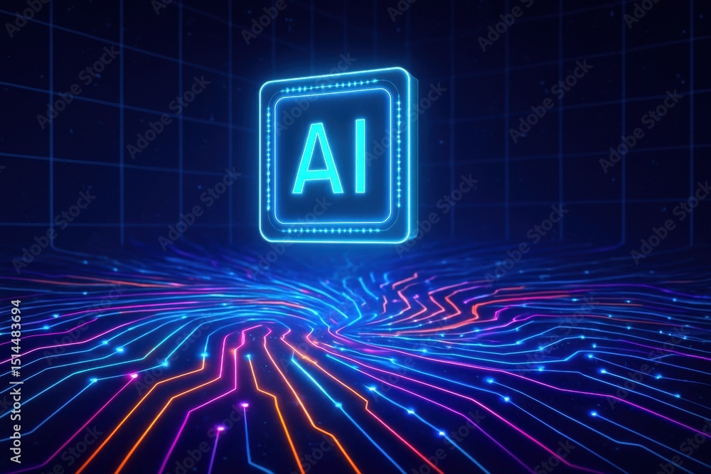 Poster innovation and strategy drive growth as a floating ai chip pulses neon data streams symbolizing effi