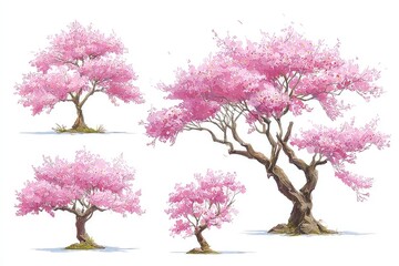 Fototapeta premium Pink blossom trees in artistic illustration. stylized spring floral concept with varying shapes and branch structures isolated on white background