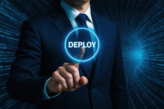 A businessman using innovative technology to deploy code illustrates strategic decision-making for efficient digital growth and leadership
