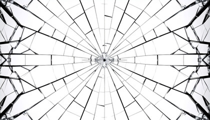 Obraz premium Broken glass overlay with symmetrical cracks radiating from center, creating spiderweb pattern on white background, evoking fragile and dramatic effect