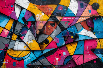 Abstract graffiti in style of street pop art, bright colors, dynamic shapes, bold lines, energetic composition, modern street art, expressive contrasts, original symbols and graphics.