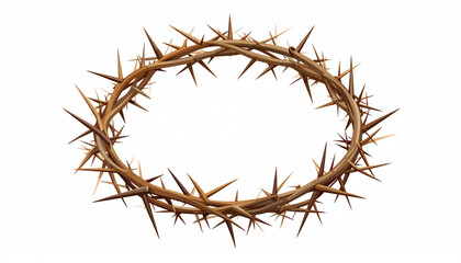 Detailed crown of thorns with sharp brown spikes arranged in circular shape isolated on white background, symbolizing pain and sacrifice with natural wooden texture