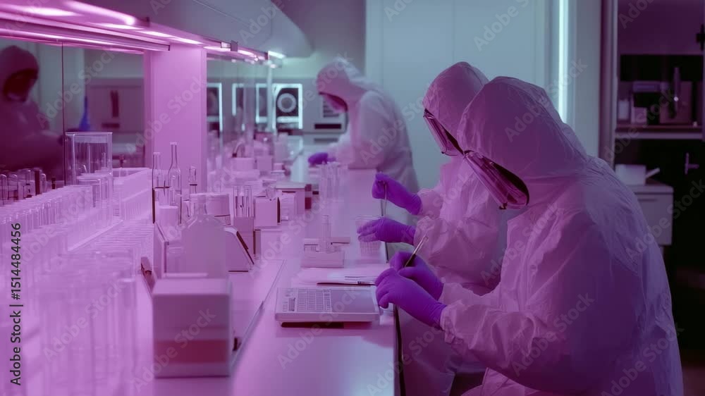 Poster data processing in modern laboratory with scientists in protective gear, data processing over caucas
