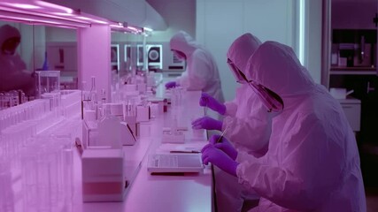 Data processing in modern laboratory with scientists in protective gear, data processing over caucasian scientists working in lab - Powered by Adobe