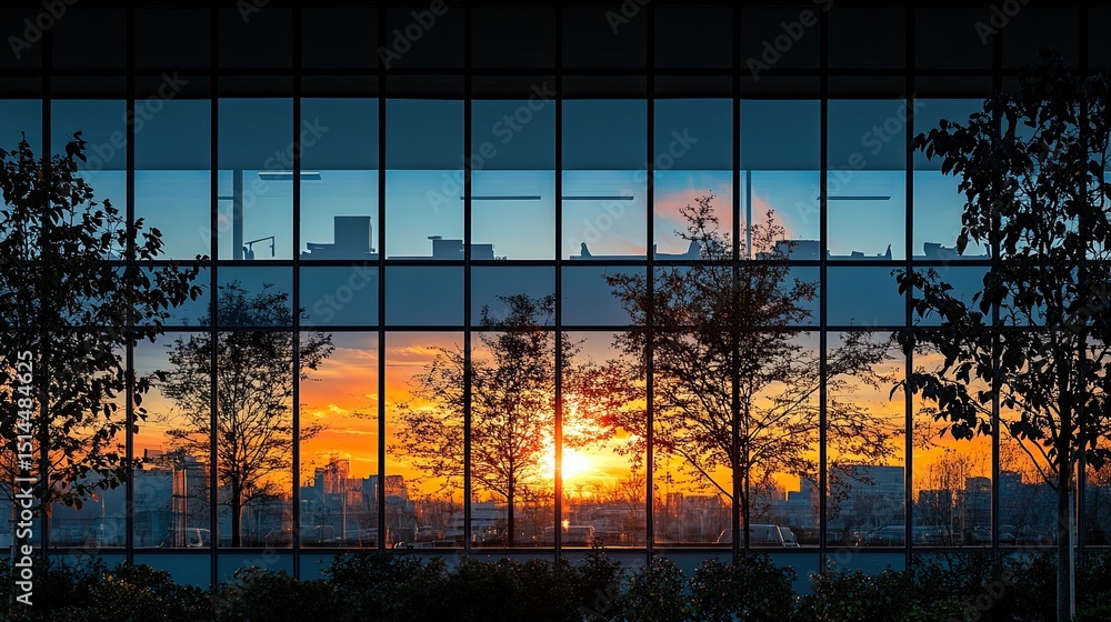 Poster sunset reflection in office windows with trees and office furniture visible inside the building