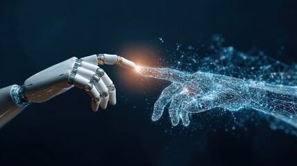 Human and robotic fingers connecting through luminous data streams - a visual metaphor for machine learning convergence with human intelligence in cyberspace.
