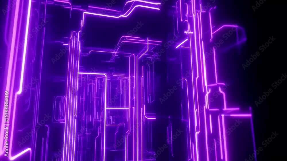 Poster glowing blue purple neon circuit board lines create an immersive abstract environment, glowing blue 