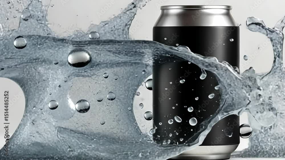 Poster can of soda is sitting in a splash of water. the water is splashing around the can, creating a playf